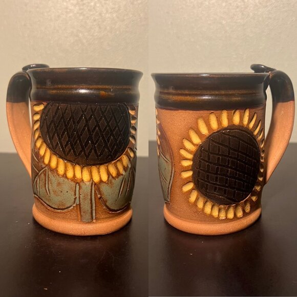 Handcrafted Sunflower Studio Art Pottery Mug w/ Incised & Embossed  Flowers BBP - Picture 1 of 15